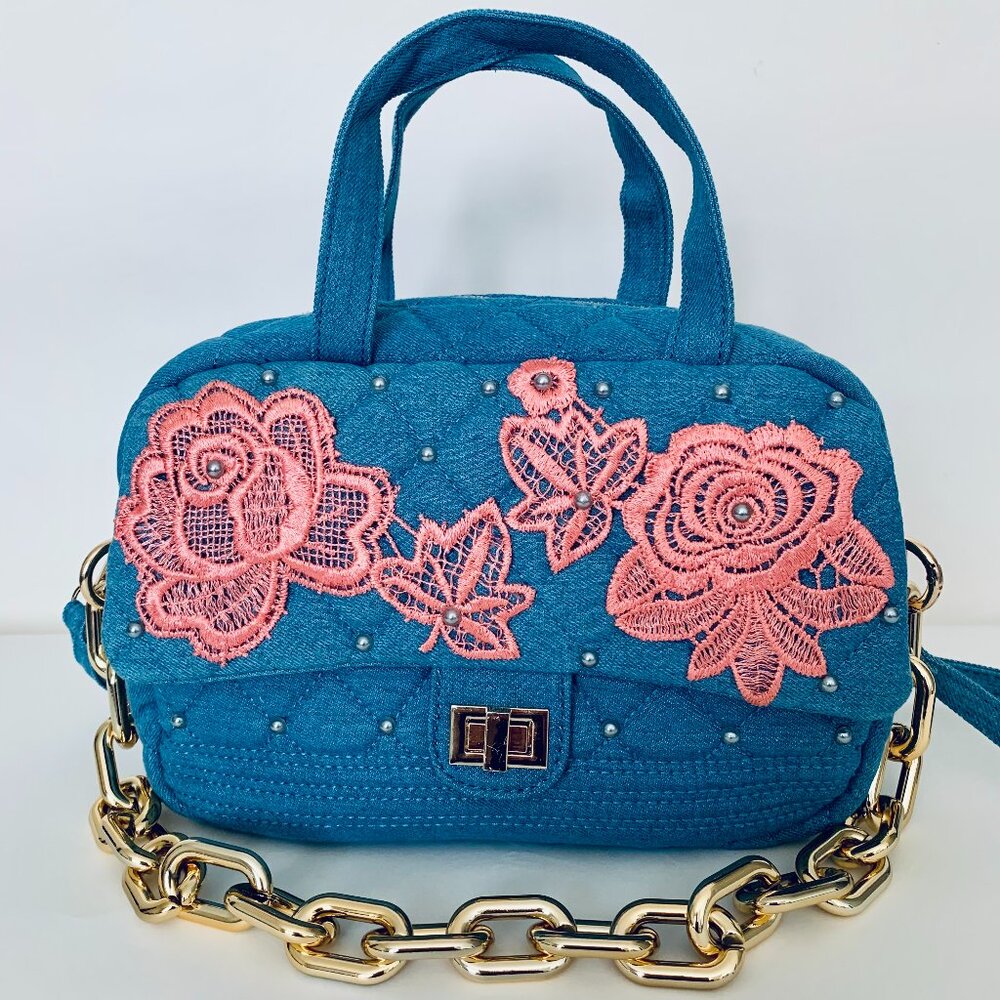 Garell Blue Quilted Denim Backpack HandEmbellished with Crown Design Fashion Bag
